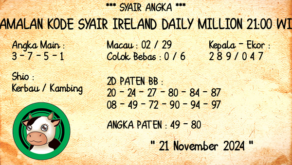 Prediksi Ireland Daily Million 21:00 WIB